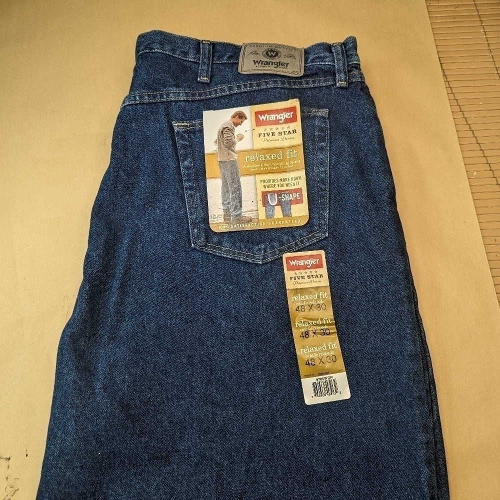Wrangler Men's Five Star Jeans Relaxed Fit Straight Leg Blue Jeans Size 48 x 30